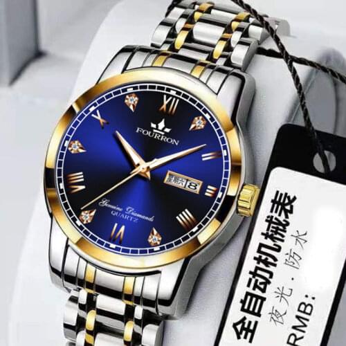 Mens Waterproof Steel Band Quartz Watch Double Calendar Luminous Stainless Steel Watch Student Non Mechanical Couple Watch