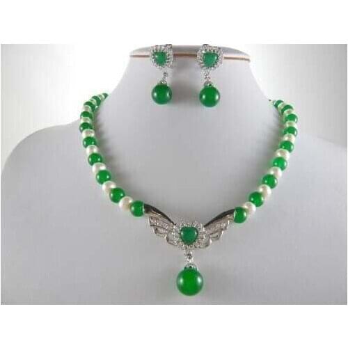 Beautiful 7-8 White Freshwater Pearl&Green Jade Necklace+ earring 18