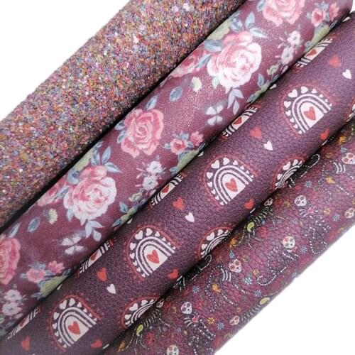 Plum Glitter leather, Rainbow Rose Flowers Cats Printed synthetic leather Faux Leather Sheets For Bows DIY 21x29CM KM740