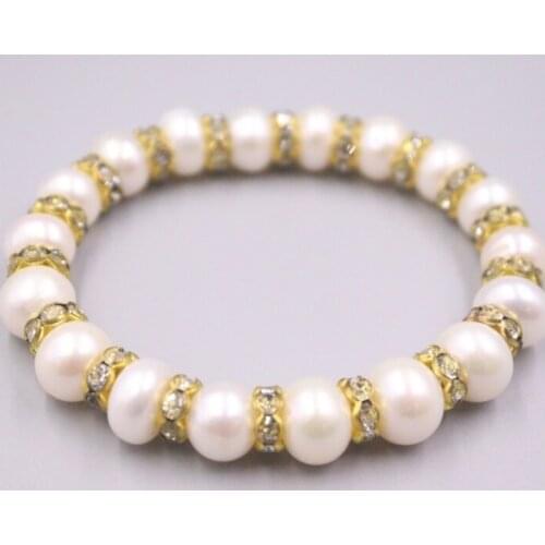 Best 8.5-9mm Natural Freshwater Pearl Zircon Flower Beaded Bracelet Woman Lucky Gift Bangle