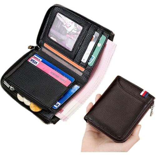 High Quality Mens Zipper Wallet RFID Blocking Business Credit Card Holder 100% Genuine Leather Wallet Men Coin Purse Bag