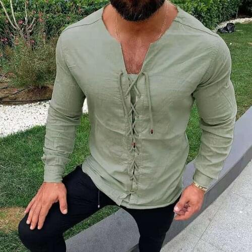 Casual Solid Color Linen Cotton Shirts Men 2021 Spring Vintage Long Sleeve V-Neck Tops Male Bandage Cardigan Fashion Streetwear