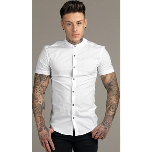 New Summer Fashion Mens Short Sleeve Shirt Slim Fit Male Social Business Dress Shirt Solid Mens Gym Fitness Sports Clothing