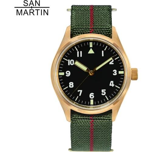 San Martin Bronze Pilot Automatic Military Men Watches Nylon Elastic Strap Sapphire 20ATM Mechanical Wristwatch Men часы мужские