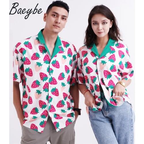 2021 New Arrival couples matching clothing set strawberry printed cartoon casual hawaiian shirts turn-down collar Short Sleeve