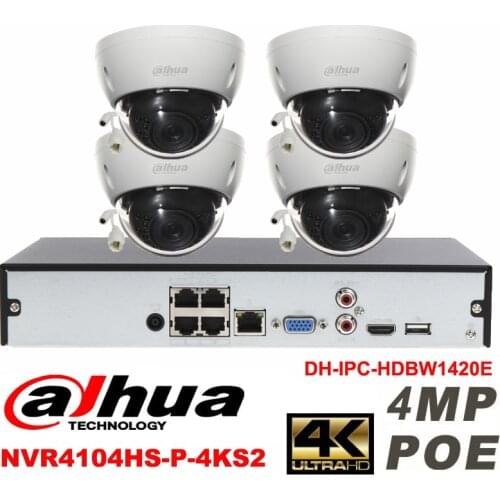 Dahua original 4CH 4MP H2.64 DH-IPC-HDBW1420E 4pcs Dome IP CCTV security camera POE DAHUA DH-NVR4104HS-P-4KS2 Network camera kit