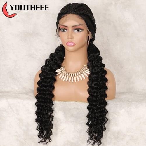 Youthfee Braided Wigs Synthetic Lace front Wig With Baby Hair Double Dutch Braid Wigs With Curls For Black Women Feamle Lace Wig