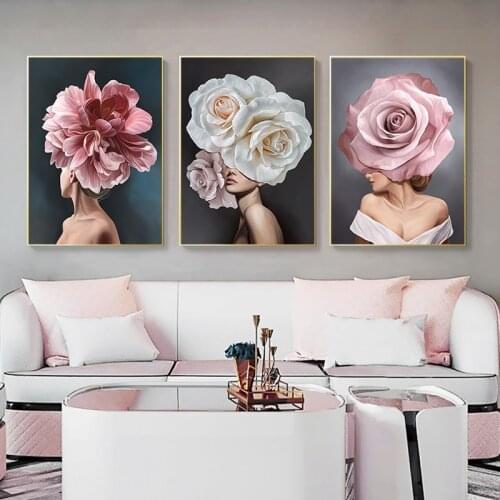Pink White Rose Flower Women Poster Abstract Canvas Painting Wall Art Picture Modern Living Room Decor Cuadros