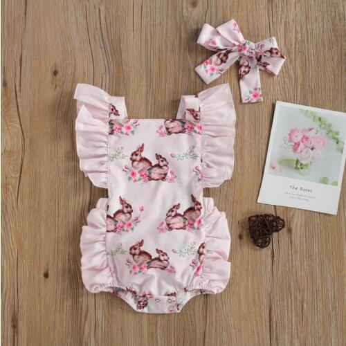 Baby Girls Casual Bodysuits Suit Square Neck Cartoon Rabbit Print Falbala Elastic Romper Bow Headband Clothing