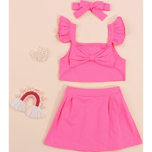 Girls Casual Three-piece Clothes Set Pink Solid Color Square Collar Fly Sleeves Tops, Short Skirt and Headdress