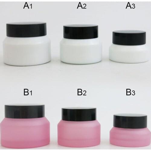 6PCS 15G 30G 50G Frost Pink White Glass Empty Refillable Container Inclined Shoulder Bottle Cosmetic Jars With Black Cap