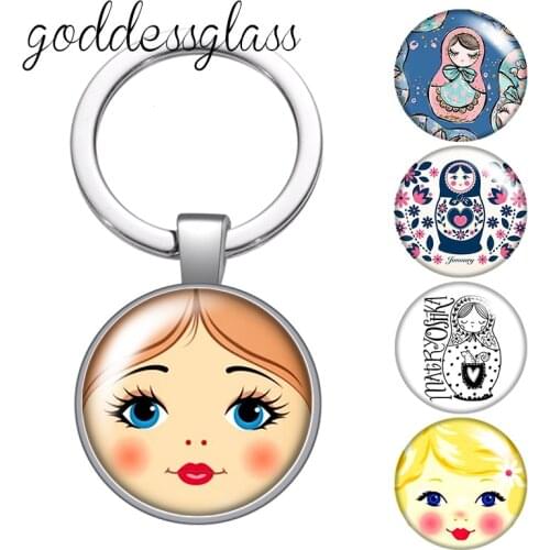Russian Matryoshka Матрешка face Girl Round glass cabochon keychain Bag Car key chain Ring Holder Charms keychains for gift