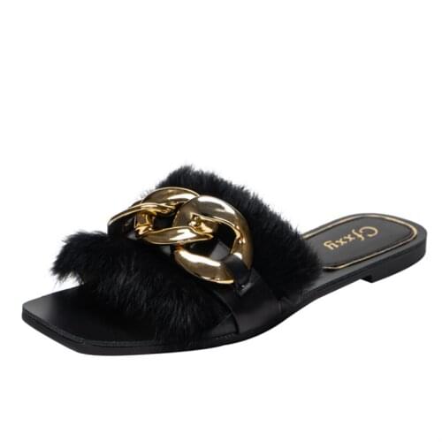 Large Size 41 42 Woman Fashion Chain Plush Flat Sandals Womens Furry Fluffy Slides Personality Fur White Black Ladies Slippers