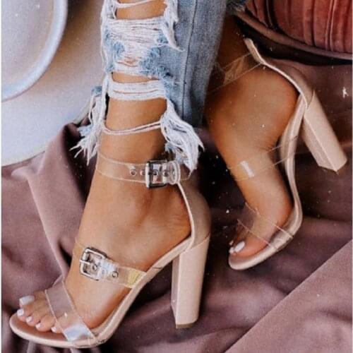 Summer Women Sandals Narrow Band Vintage 9.5CM Thick High Heel PVC Buckle Strap Classics fashion Dress Party Wedding women shoes