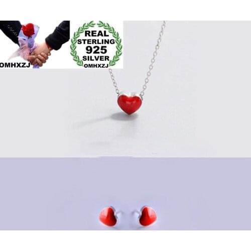 OMHXZJ Wholesale Personality Fashion OL Woman Girl Party Red Heart 925 Sterling Silver Stud Earrings + Necklace Jewelry Set SE07