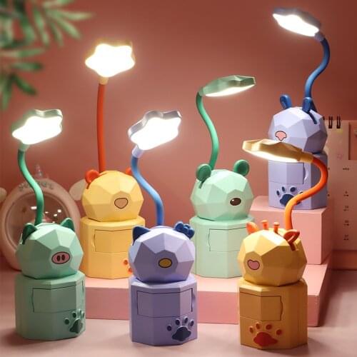 Led Table Lamp Cute Cartoon Night Light Usb Charging Flexo Desk Lamp Childrens Bedside Reading Lamp With Storage Drawer Holder