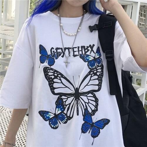 Dark Women T-Shirts Oversize Punk Clothes Kpop Harajuku Streetwear Hip Hop Short Sleeve Anime Cartoon Butterfly Print Y2K Tops