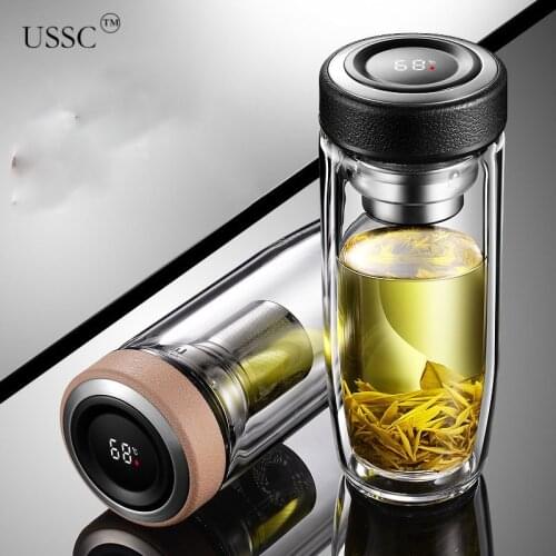 USSC High Borosilicate Double-layer Glass With Cover Vacuum Transparent Business Tea Making Cup Advertising Gift Cup HZ023
