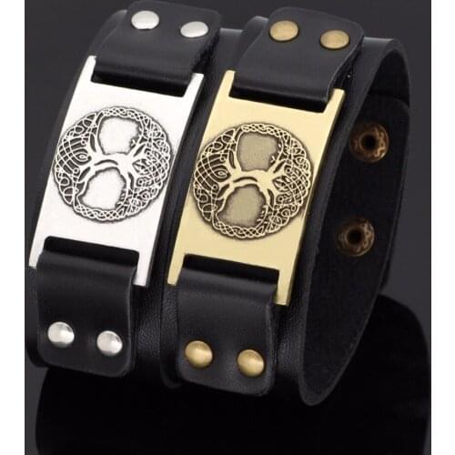 Wicca Amulet tree of the world Charm Leather Punk Bracelet Mens Jewelry