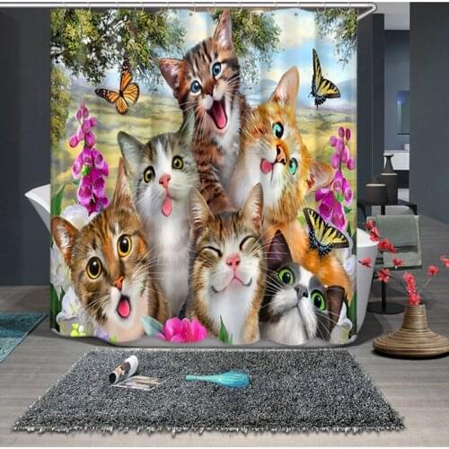 3D Small Cat Family and Sika Deer Butterfly Shower Curtains Bathroom Curtain Thicken Waterproof Thickened Bath Curtain