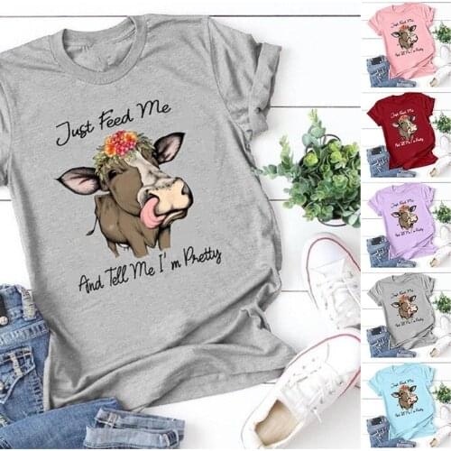 Just Feed Me and Tell Me I'm Pretty Cow Print T Shirt Women Short Sleeve O Neck Loose Tshirt Summer Women Tee Shirt Tops Mujer