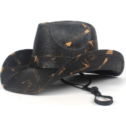 Women Men Straw Cowboy Hat Summer Western Sombrero Hombre Hat With Windproof Rope Size 58-59CM
