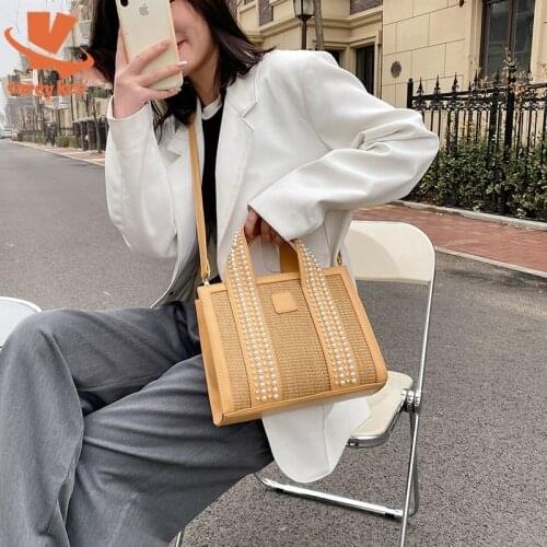 CAREY KEY Women Straw Handbag Summer Bohemian Beach Bag Fashion Pearl Crossbody Bags Ribbon Design Shoulder Messenger Bag