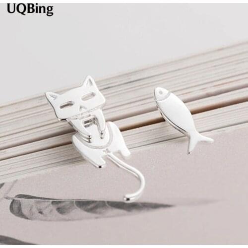 Asymmetry Real 925 Sterling Silver Stud Earrings Cute Fish Cat Shape Fashion Animal Jewelry Gifts For Women Brincos