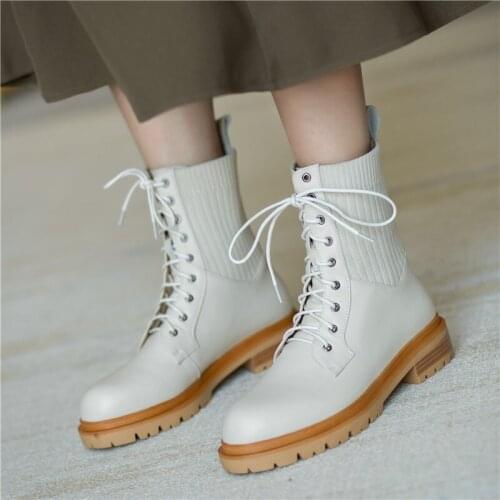 Woman shoes Genuine Leather Women Boots Winter Lace-up Shoes Woman Short Boots Ankle Boots Thick Heel Knitting Shoes Cross-tied