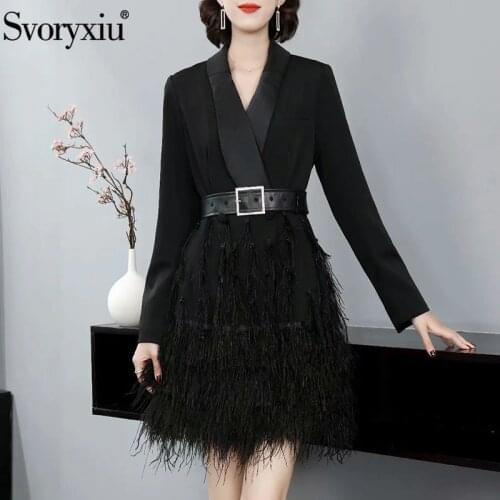 Svoryxiu Designer Autumn Fashion Office Lady Black Blazer Short Dress Womens Beaded Embroidery Feathers Dresses XXL