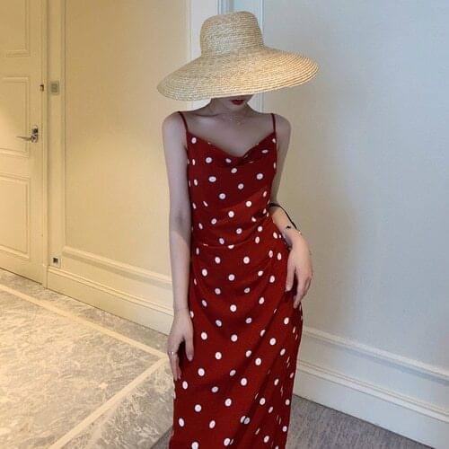 Bella philosophy 2020 Vintage women Dot Sleeveless Beach Dress lady Spaghetti Strap V-neck Sexy Dress female Holiday Vestidos