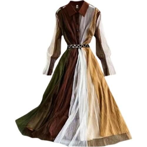 Spring Women Design Splice Mesh Dress Retro Turn-down Collar Long Sleeve Button A-line Dress Autumn Fashion Streetwear Dresses