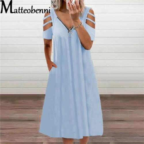 Fashion Zipper Loose Women Dress Sexy Hollow Off Shoulder Solid Color Elegant Dresses 2021 Summer V-Neck Street Dress Vestidos