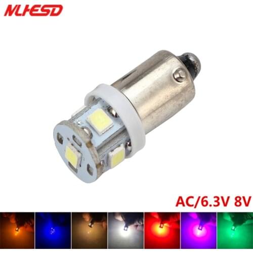 10PCS 6.3V BA9S 5 SMD 3528 LED Non polarity anti flickering AC DC 6V 6.3V pinball machine no ghost white blue red green yellow