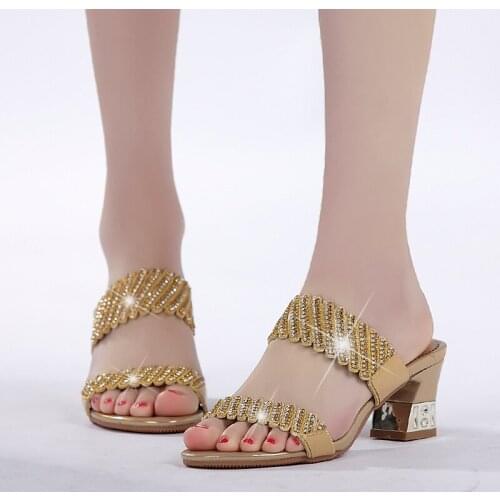 2020 New Fashion Sandals Women Summer Slippers Rhinestone Hollow Out High Heels Sandals Sexy Party Slides Shoes Big Size C0034