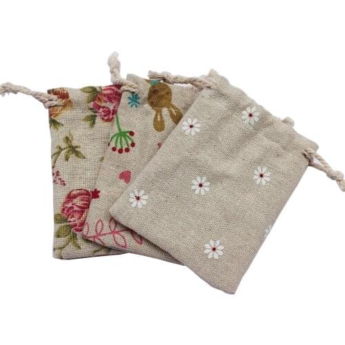 50pcs Printing flower linen bag cotton promotional drawstring bags lovely gift pouch can customize size