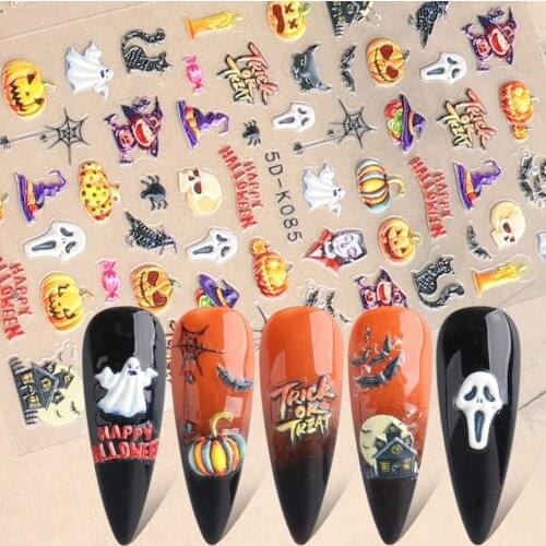 5D Carved Three-dimensional Nail Sticker Back Glue Halloween Vampire Skull White Flower Halloween Decals Designer Stickers Nails