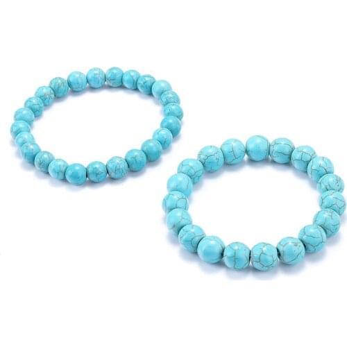 6mm 8mm Single Strand Round Ball Beaded Bracelet New Punk Blue Howlite Turquoises Stone Mala Prayer Wrap Bracelets Women Male