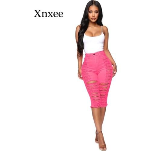 Summer rose red calf length pants Sexy Jeans Women Ripped Denim High Waist Streetwear Casual Pant Elastic Stretch Short Jeans