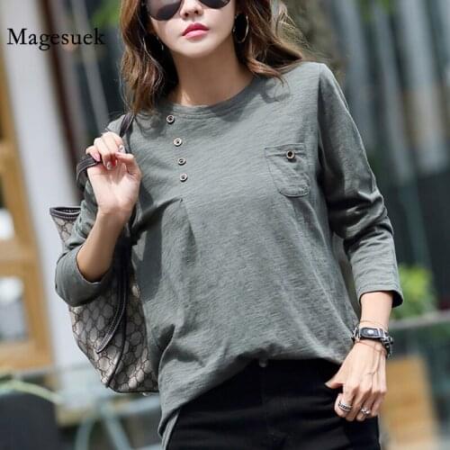 Plus Size O Neck Basic Cotton Tshirt Spring Casual Versatile Women T-shirt Long Sleeve Loose Solid Buttons Pocket Blouse 13281