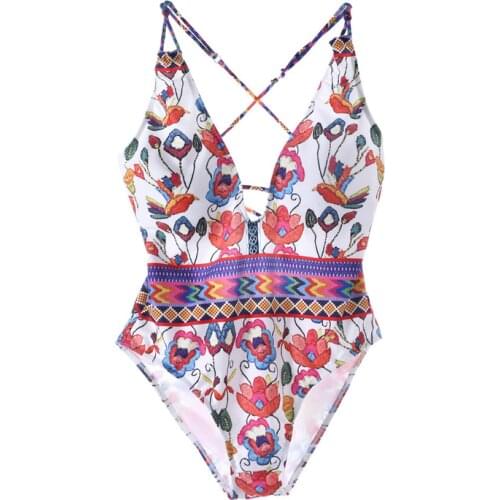 Summer Bandage Sexy V-neck Print One Piece Swimsuit Women Swimwear Female Bathing Suit Beachwear Monokini Swimming Suit