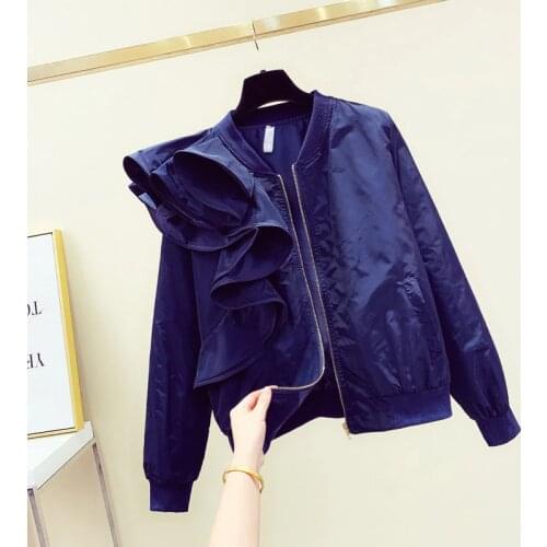 New Korean Autumn Jacket Woman Short Jacket Loose Zipper V Collar Lotus-leaf Small Jackets Coat Girls Lady Slim Coats Mujer 2019