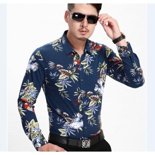 Mens Floral Printing Dresses Fashion Flowers Printing Cotton Shirts Male Casual Clothes Long Sleeve