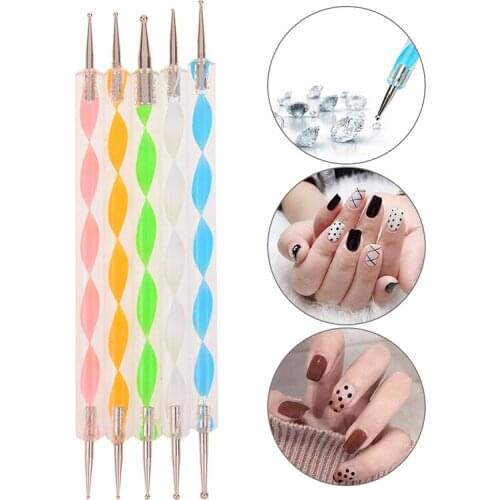 Manicure Tools Kit 5Pcs Set UV Gel Painting Nail Art Dotting Pen Acrylic Handle Crystal Double-side Brush Salon Decoration