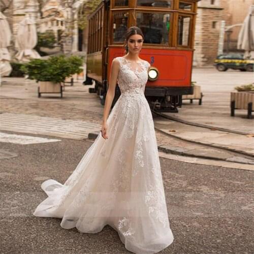 2020 New Elegant O-neck Sleeveless Wedding Gowns Applique Lace Tulle A-line Wedding Dresses For Bride robe de mariage