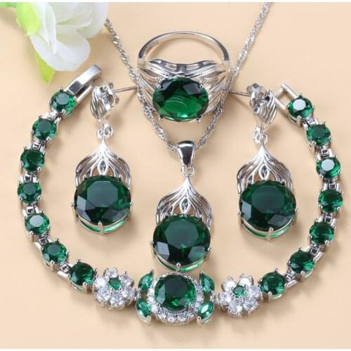 Silver 925 Necklace And StudEarrings Cubic Zirconi Green Jewelry Sets Round Wedding Women Costume 6-Colors Turkish Jewelry