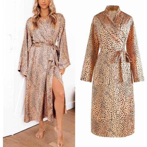Sexy Women Long Robe With Pocket Leopard Printed Dressing Satin Silky Nightgown Gown Rayon Kimono Bathrobe Night Dress
