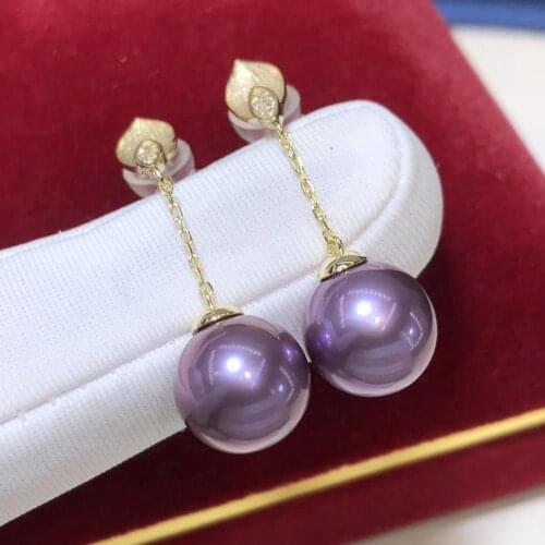 D411 Pure 925 Sterling Silver Fine Jewelry Fresh Water Purple 9-10mm Round Pearl Dangle Earrings for Women Fine Pearl Earrings