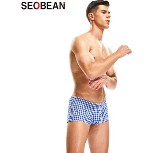 SEOBEAN Mens Arrow Shorts 100% Cotton Plaid U-pouch Bag Home Wear Casual Household Shorts Breathable Pajamas Sleeping Bottom