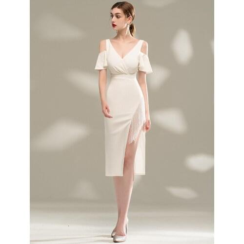 Partysix New Womens dress Sexy Beads Short Prom Dress Off Shoulder White Party Dress